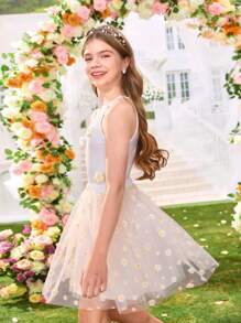 SHEIN 2pcs/Set Tween Girl/Juniors Daisy Print Mesh Overlay Short Skirt Set - White - View 5
