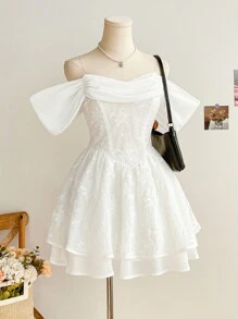 Soleia 露肩抹胸细带镶边公主迷你连衣裙，优雅度假风格，情人节/情人节服装，白色，白色连衣裙，白色连衣裙优雅，生日连衣裙，毕业礼服，白色毕业礼服 - 白色 - 查看 5