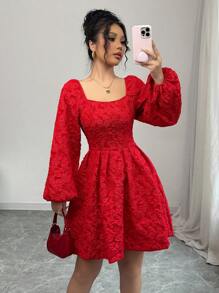 Modelyn Women's Red Textured Floral Embossed Mini Dress
