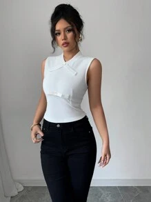 Elenzga Women's Bow Rhinestone Embellished Waist Ruffled Textured Fabric Splice Waist White Tank Top - White - View 5