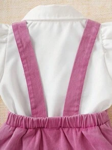 SHEIN 2 件装女婴简约时尚休闲日常短袖套装 - 牛仔背带裙 - 玫紅色 - 查看 5