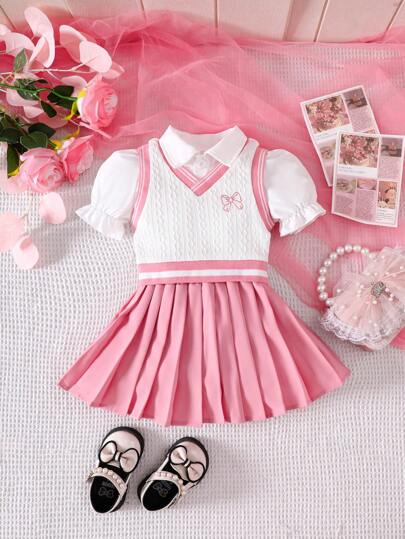SHEIN 3pcs/Set Baby Girl Spring&Summer Preppy Style,Bowknot Embroidery Vest& Casual Short Sleeveless Shirt &Pleated Short Skirt