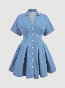 SHEIN MOD Plus Size Midi Denim Dress With Short Dropped Shoulder Sleeves And Flared Hem - Light Wash - View 5