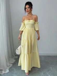 Rafferiza Vestido largo con abertura alta, cintura ceñida, mangas abullonadas, volantes en el bajo, de tela con textura arrugada y parches, versátil y de moda para vacaciones, sin tirantes y con nudo - Amarillo - Ver 7