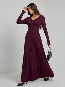 SHEIN Tall 女式优雅纯色束腰连衣裙，秋季 - 紫色 - 查看 5