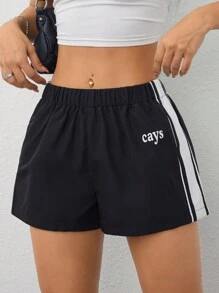 SHEIN PETITE 女士春夏休闲运动嘻哈条纹纹理装饰健身运动短裤