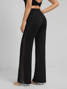 SHEIN Tall Sequin Splicing Loose Elegant Straight Leg Pants, Suitable For Commuting - Black - View 2