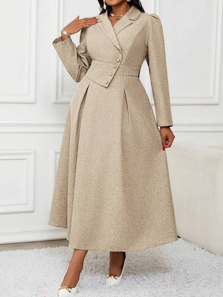 Autumn And Winter Elegant Work Office Grey Woven Lapel Flared Button Long  Long Sleeve Plus Size Dresses Elegant Winter Dress Coat Dress | SHEIN USA