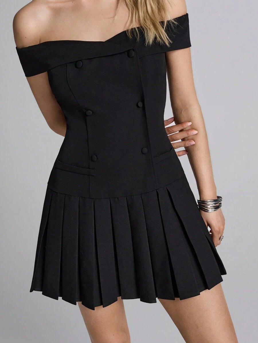 Easelle 黑色针织露肩女式连衣裙 - 黑色 - 查看 1