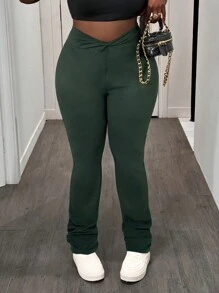 Slaydiva Nuevas mallas ajustadas de talla grande para mujer 2025 Curve con detalles retorcidos en color verde sólido, para uso casual/deportivo/al aire libre