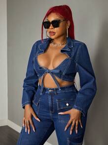 SHEIN SXY Áo khoác denim tay dài thiết kế cá nhân theo phong cách Mỹ cỡ lớn cho nữ - Màu xanh lam - Xem 5