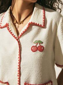 Easelle Apricot Woven Women's Cherry Pattern Single-Breasted Short Sleeve Blouse - Apricot - View 5