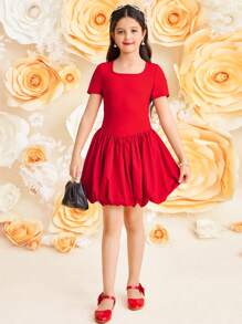 Tween Girls' Casual Patchwork Round Neck Short Sleeve A-Line Dress