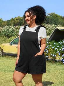 SHEIN EZwear Women Plus Size Black Solid Color Pocket Romper