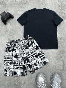 SHEIN Leap Crew Bộ đồ ngủ rộng rãi phong cách hoạt hình cổ tròn tay ngắn cho bé trai tuổi mới lớn, 2 món - Đen và trắng - Xem 2