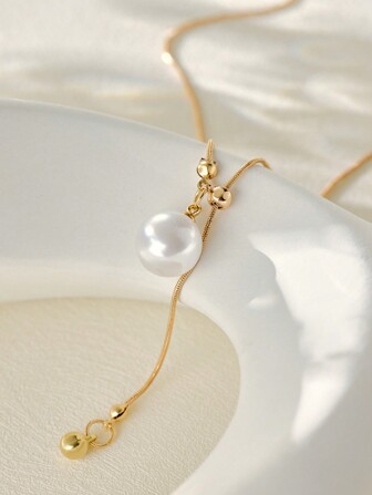 1pc Elegant Faux Pearl Drawstring Decoration Chain Necklace, Long Sweater Necklace