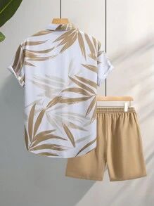 Manfinity RSRT Men Beach Outfits Tropical Print Shirt & Drawstring Waist Shorts - Khaki - View 4