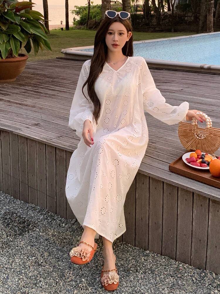 Vestido midi recto holgado con encaje calado y jacquard transparente para vacaciones en la playa, vestidos casuales para mujer, vestido de manga larga para otoño