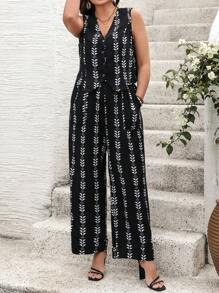 SHEIN LUNE 2 件大码女式花卉印花单排扣背心和裤子套装