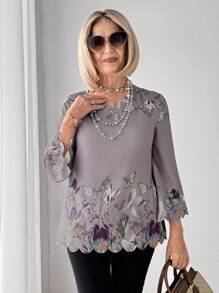 SHEIN LUNE Women's Elegant Lace Collar Positioned Pattern Print Long Sleeve Shirt - Multicolor - View 3