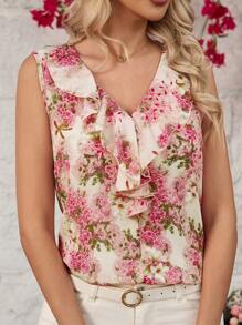 SHEIN Clasi Camicetta da donna con rifiniture arricciate e motivo floreale ditsy, per vacanze romantiche in stile boho, adatta per pasqua, stile boho, concerti, estate boho, festival rave, San Patrizio, San Patrizio, Ibiza, estate, primavera, estate, spiaggia, concerti country, vacanze casual, festival rave, blusa floreale