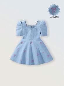 Denimly 女童休闲都市浅洗粉色蝴蝶心形荷叶边袖牛仔连衣裙 - 淺色水洗藍 - 查看 3