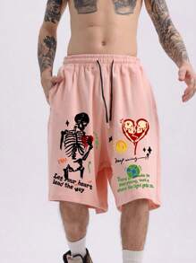 ROMWE MEN Street Life Men's Casual Streetwear Printed Capri Sweatpants - Pink - View 1