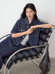 Dazy-Less 休闲宽松简约牛仔上衣，侧开衩设计，两件套，女士商务休闲女式工作服