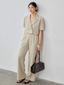 Dazy-Less 女士纯色商务休闲短袖西装外套和长裤套装 Old Money - 杏色 - 查看 4