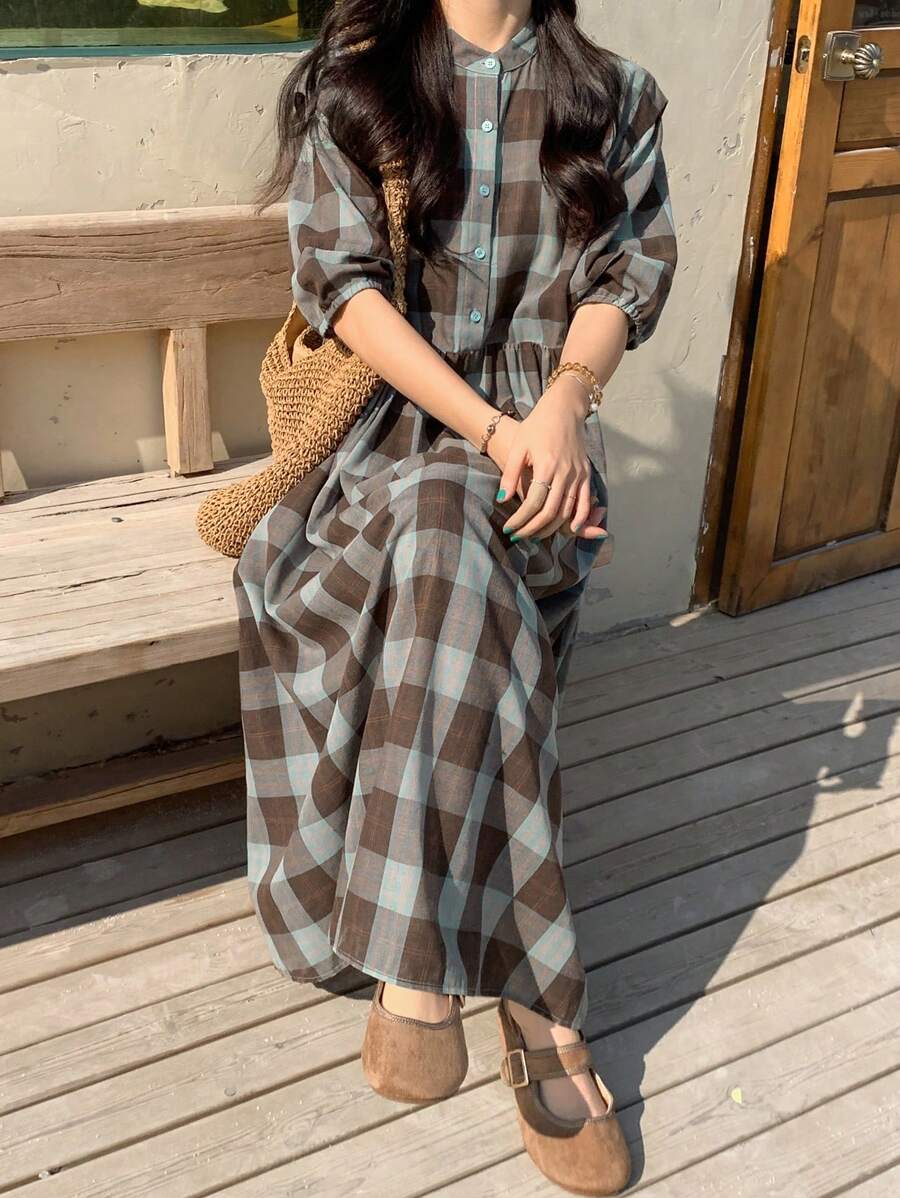 FRIFUL Vestido midi de mujer de manga abullonada larga a cuadros, estilo rural, primavera/verano - Multicolor - Ver 1