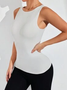 SHEIN Sports 女士纯色圆领日常健身和运动背心 - 米色 - 查看 2