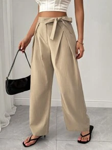 SHEIN Unity Women's Solid Color Casual Elegant Style Crepe Fabric Pleat Bowknot Straight Leg Pants - Brown - View 4