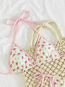 Swim Mod Set de bikini pentru femei Ditsy Floral, cu garnitură în contrast, cu cravată laterală, vacanță de vară la plajă