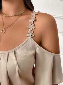 SHEIN Frenchy Plus Size Women's Elegant Simple Ruched Floral Splice Metallic Coating Hollow Shoulder Blouse,Summer Shirts