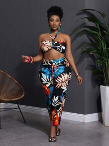Slaydiva Plus Size Vrouwen Tropische Bloemenprint Halter Hals Tank Top & Getailleerde Rok 2-delige Set, Geschikt Voor Strand Resort