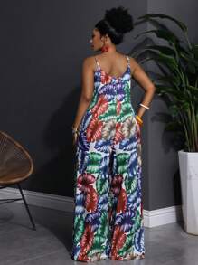 Slaydiva Plus Size Women's Tropical Print Loose Jumpsuit With Spaghetti Straps And Wide Legs - Multicolor - View 2
