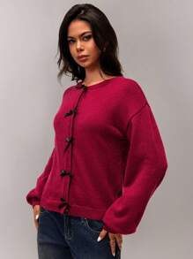 Forever 21 Nuevo cárdigan de cuello redondo para otoño e invierno, suéter de punto de manga larga casual y versátil de corta duración - Burdeos - Ver 5