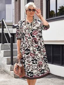 EMERY ROSE Plus Size Women Floral Print Long Sleeve Shirt Dress,Spring Dresses For Women - Brown - View 3