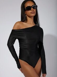 COSMINA 1 pièce Body moulant élégant pour femme avec volants et épaules obliques, manches longues, noir, printemps/été