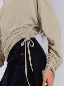 Athîral 女士休闲纯色不对称领抽绳上衣，秋季 - 杏色 - 查看 6