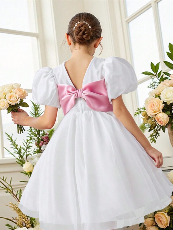 Wildeya Tween Girls' Organza Puff Sleeve Dress With Oversized Bow Back, Elegant Party Dress, Girls' Luxury Occasion Wear, Suitable For Wedding Season, Floral/Decorative Style, No Traditional Patterns
