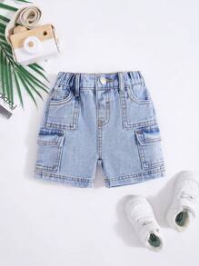 SHEIN 男婴夏季仿旧石洗宽松蓝色牛仔工装短裤，婴儿春夏装春假装 - 淺色水洗藍 - 查看 1