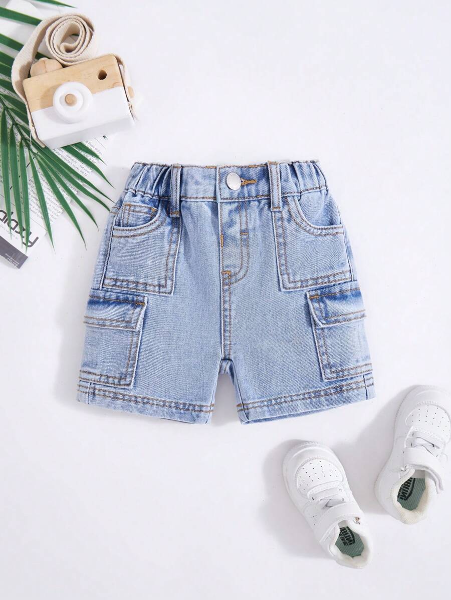 SHEIN 男婴夏季仿旧石洗宽松蓝色牛仔工装短裤，婴儿春夏装春假装 - 淺色水洗藍 - 查看 1