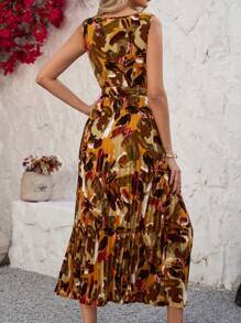 Gownix Round Neck Belted Pleated Oil Painting Print Dress For Women, Suitable For Daily Commute Wear,Summer , Vacation Outfits Woman,Summer Outfits For Women - Multicolor - View 3