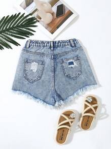 Shorts vaqueros anchos de verano para niñas preadolescentes, con ajuste holgado, diseño desgastado y bajo deshilachado - Azul lavado medio - Ver 2