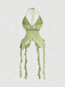 SHEIN MOD Summer Romantic Green Firll Edge Ribbon And 3D Flower Halter Neck Top Summer Women Tops Concert Women Sexy Top - Green - View 2