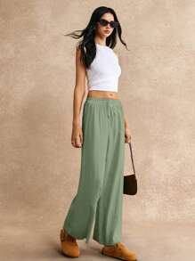 Poéselle Quần Palazzo cạp thắt nút Quần dài đi nghỉ hè - Màu xanh Bạc hà - Xem 7