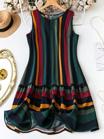 SHEIN LUNE Plus Size Women Colorful Striped Sleeveless Dress Spring Outfits For Women Summer Outfits For Women Summer Clothes Easter Outfit Women Western Wear Women