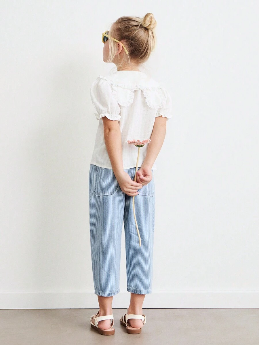 SHEIN Young Girls' Cute Rabbit Ear Collar Contrast Lace Ruffle Lantern Sleeve Loose White Blouses, Spring - White - View 1