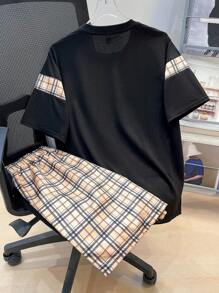 SHEIN Set di maglietta a maniche corte e pantaloncini comodi e casual in patchwork quadri con colori a contrasto per ragazzi adolescenti